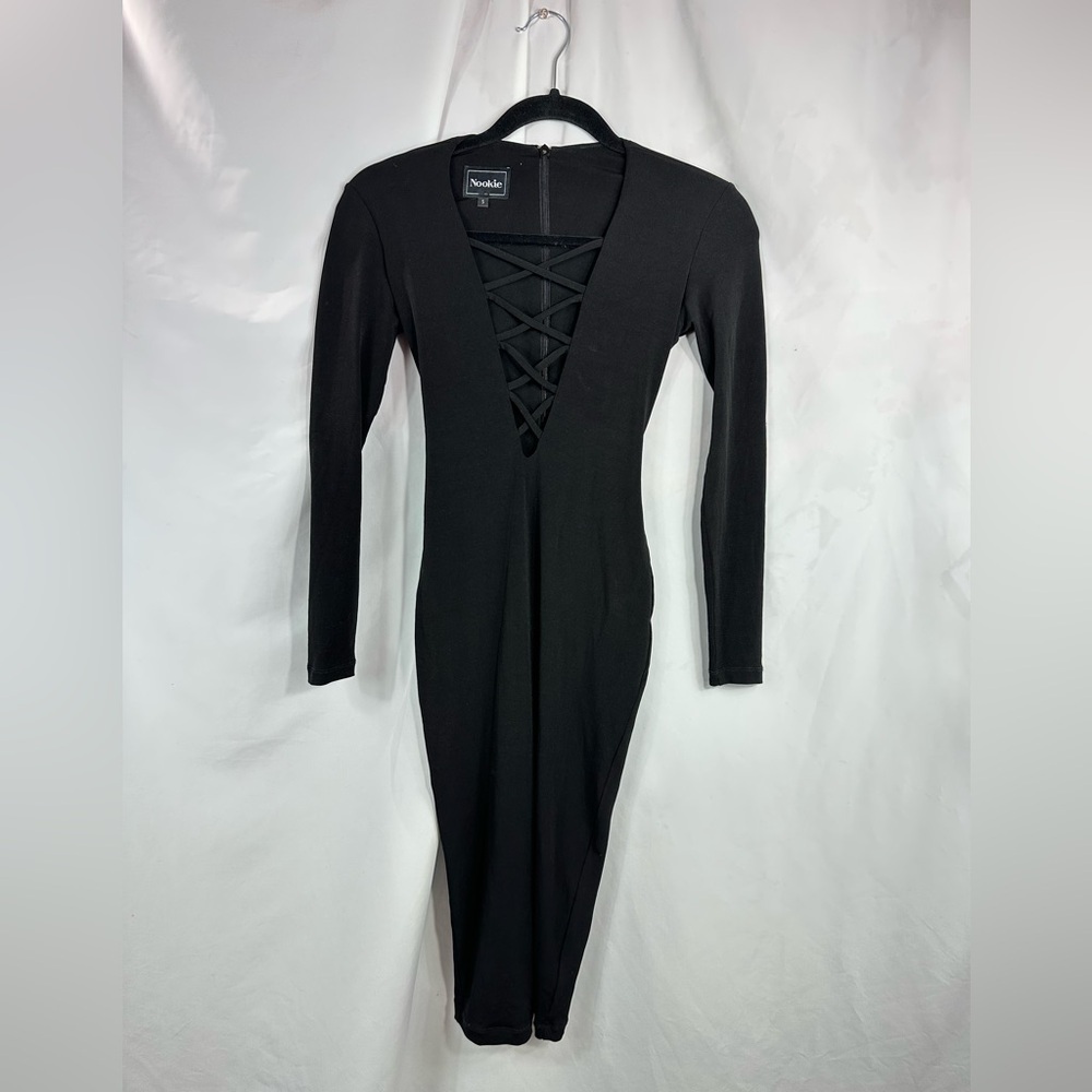 Nookie black strappy v neck bodycon long sleeve size S